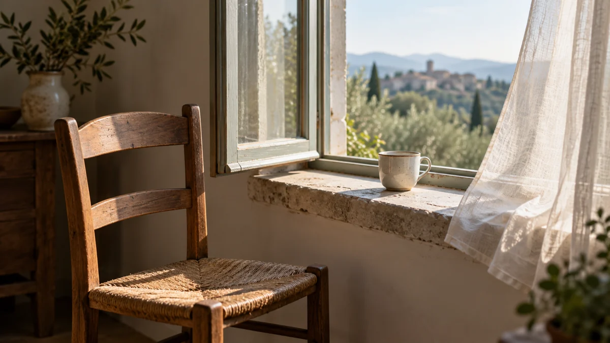 A plain wooden chair beside an open window, a cup on the sill, the curtain lifted a little by the morning air