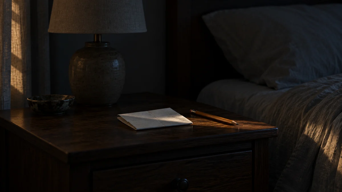 A bedside table in a dark room with a folded sheet of paper and a pencil on it, the lamp unlit, a thin band of street light from the side
