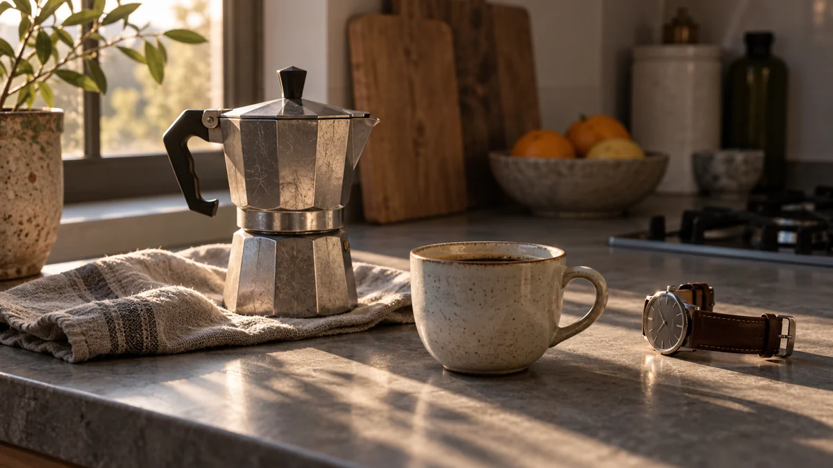 A kitchen counter in early light with a stovetop coffee pot, one cup, and a wristwatch taken off and set to one side